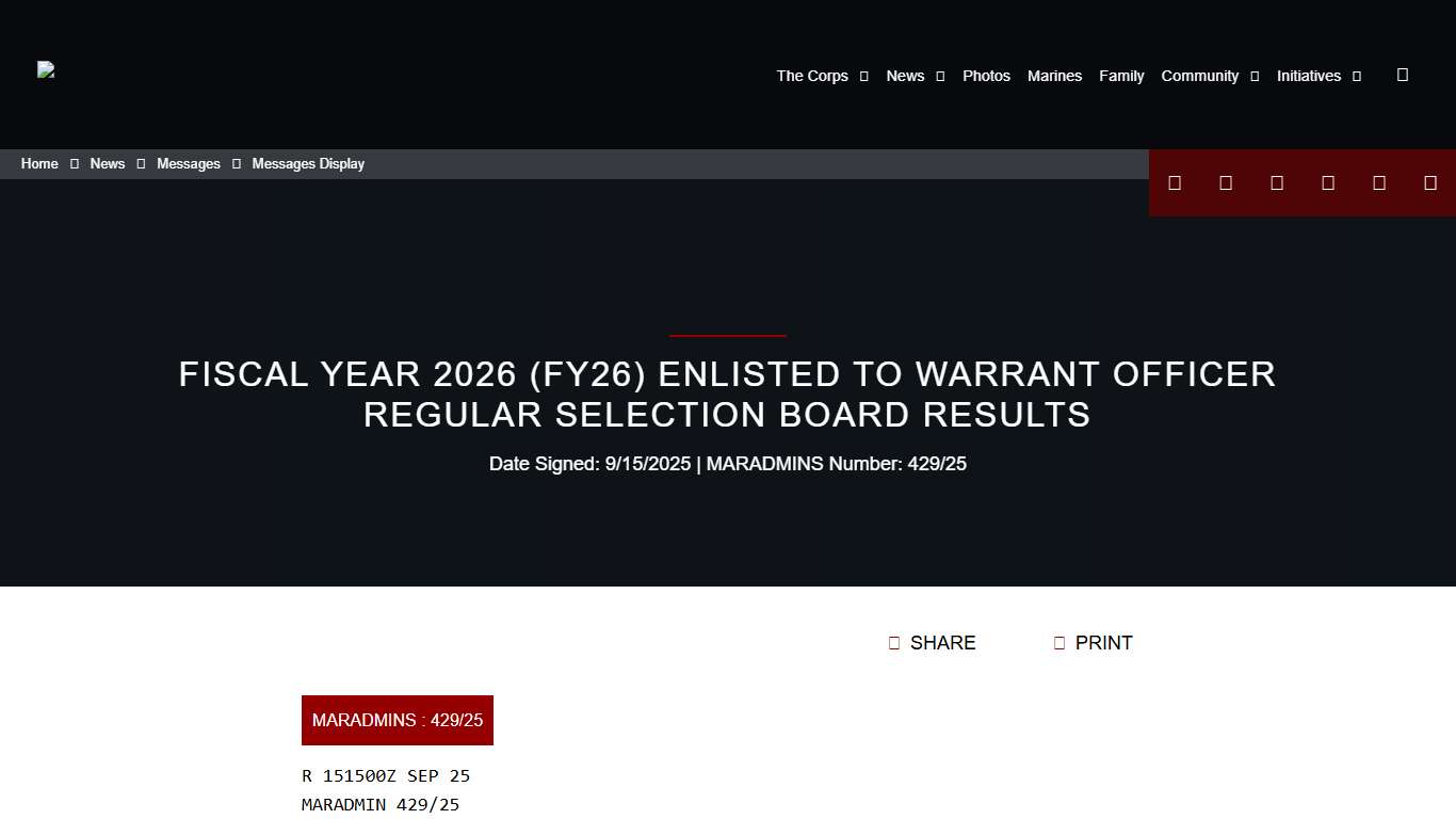 FISCAL YEAR 2026 (FY26) ENLISTED TO WARRANT OFFICER REGULAR SELECTION BOARD RESULTS > United States Marine Corps Flagship > Messages Display